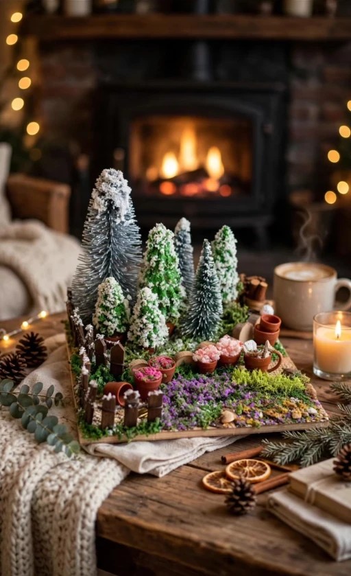 Diorama de floresta de Natal junto à lareira