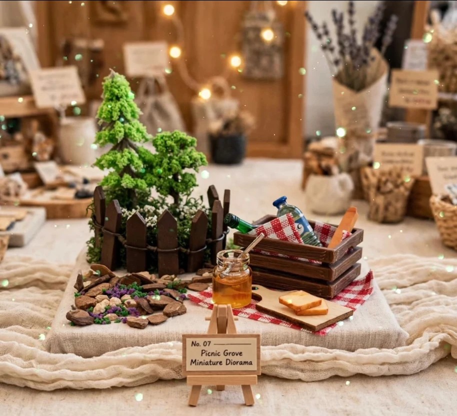 Diorama de picnic com árvore e cesto