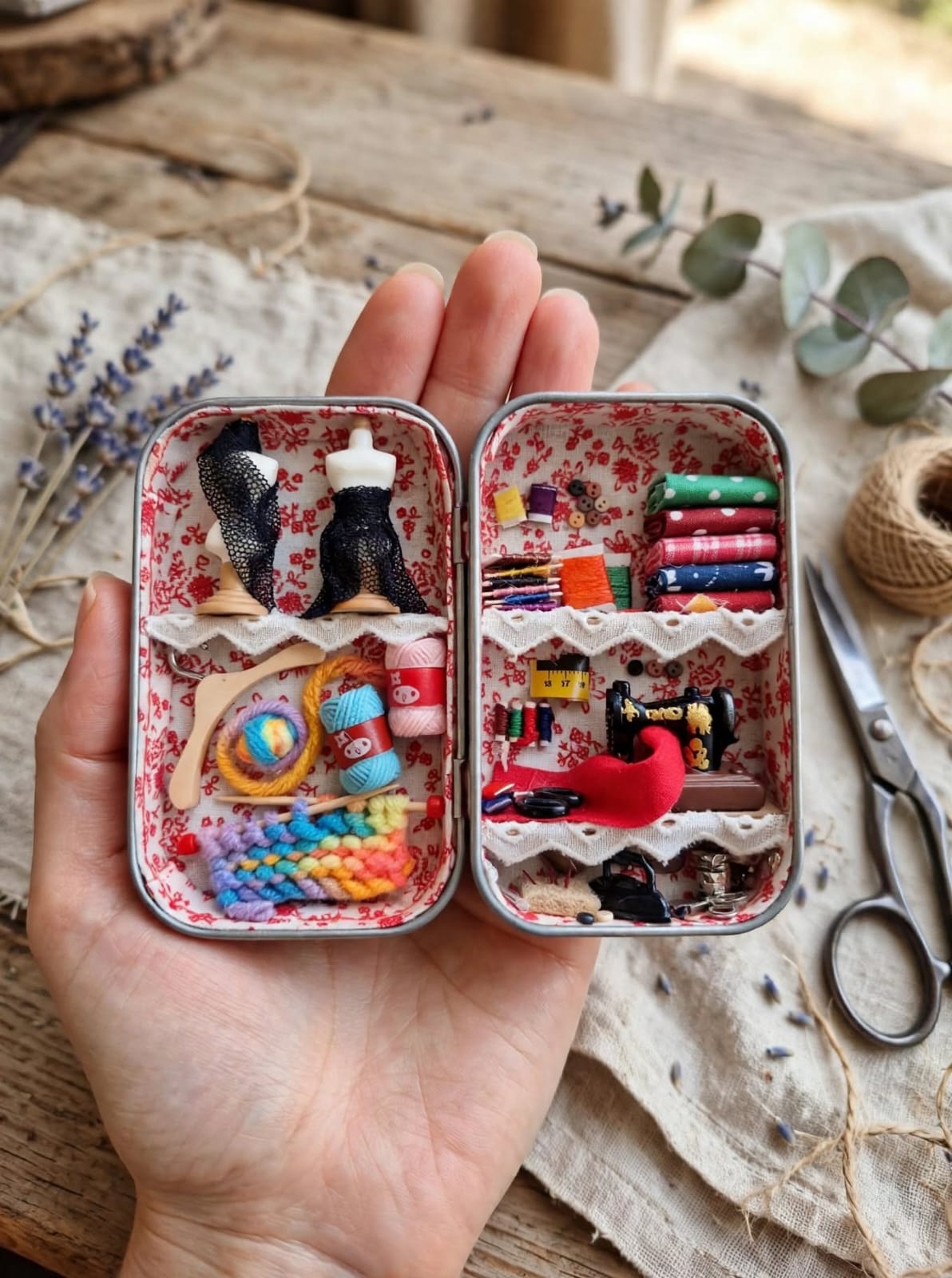 Kit de costura em miniatura dentro de uma lata de metal