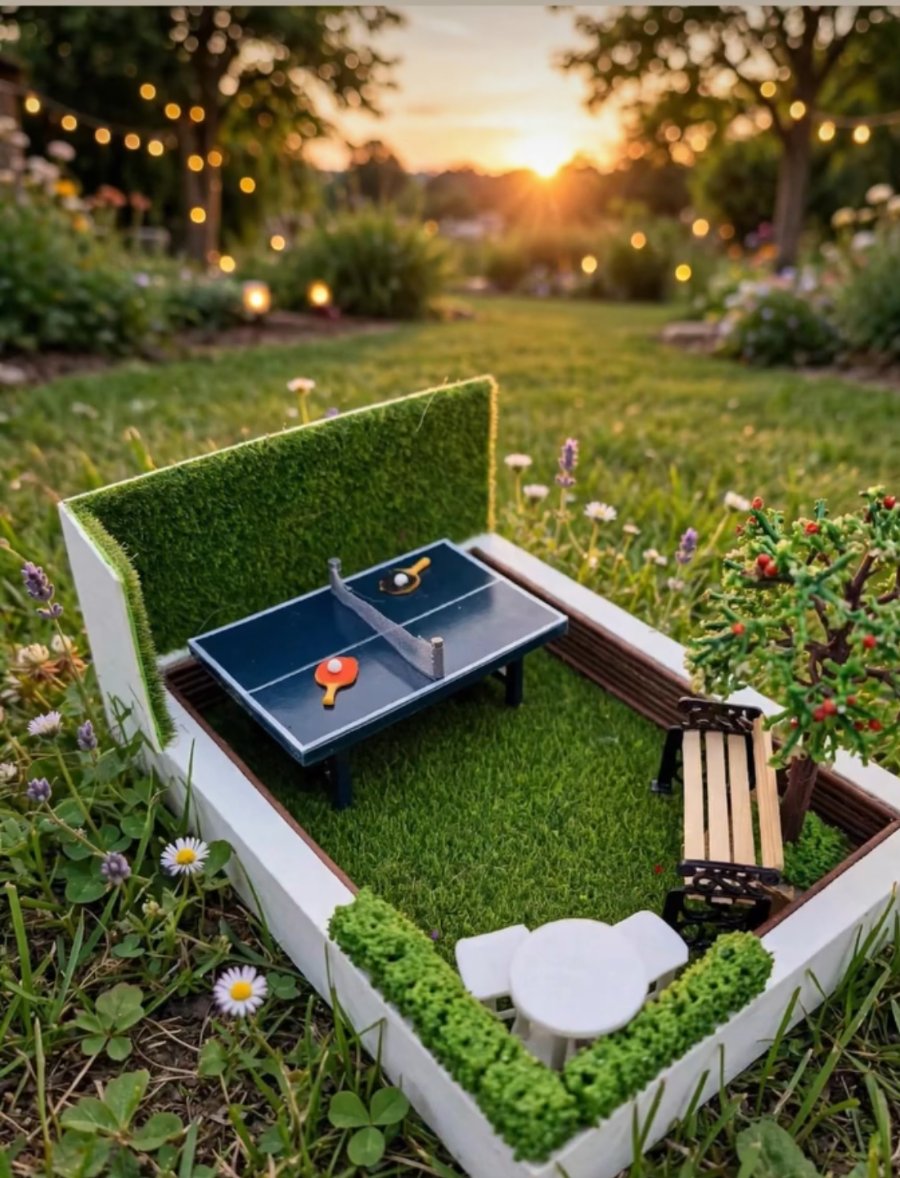 Jardim de verão em diorama com mesa de ping-pong